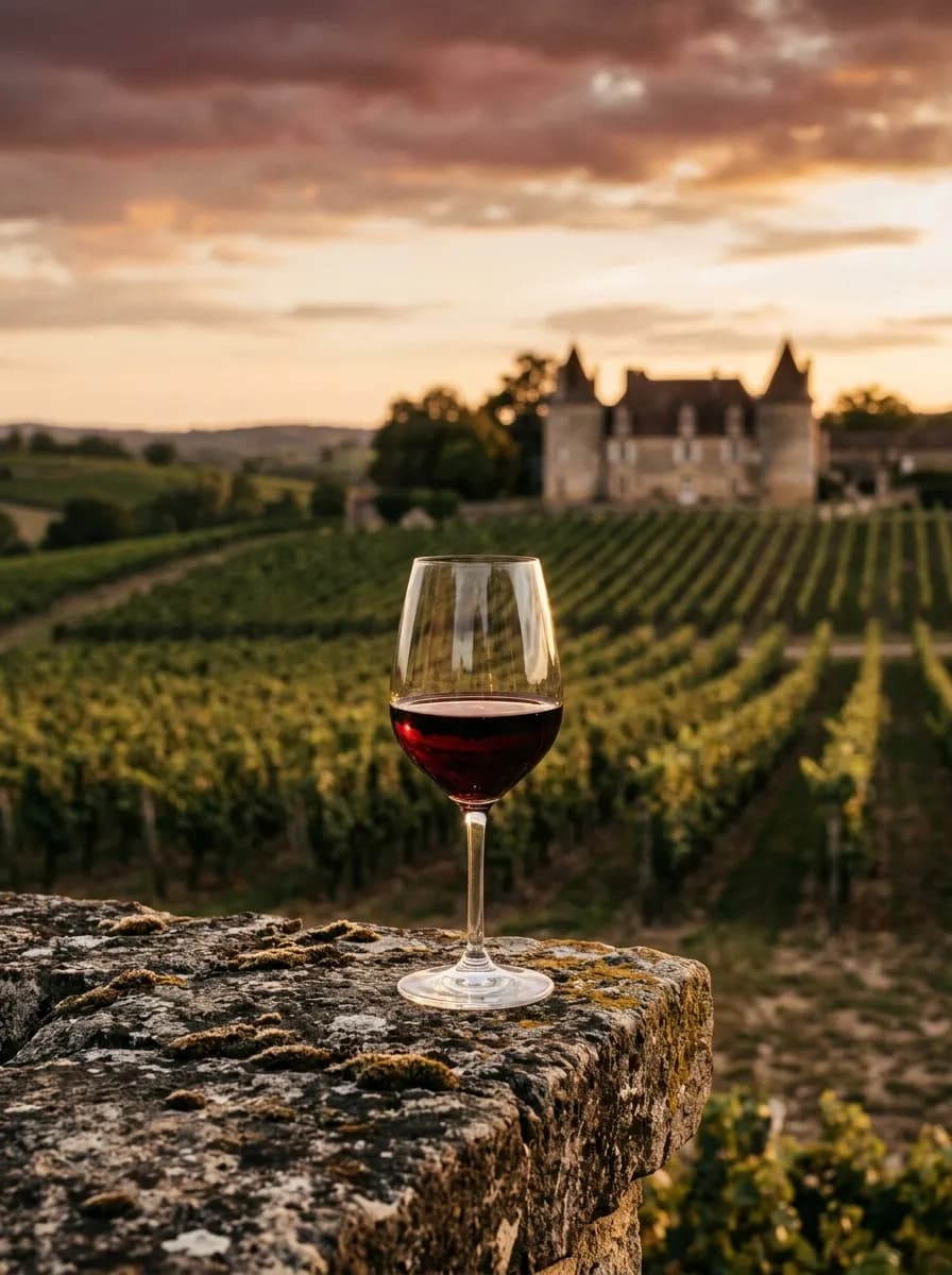 Verre de vin au coucher du soleil dans le vignoble