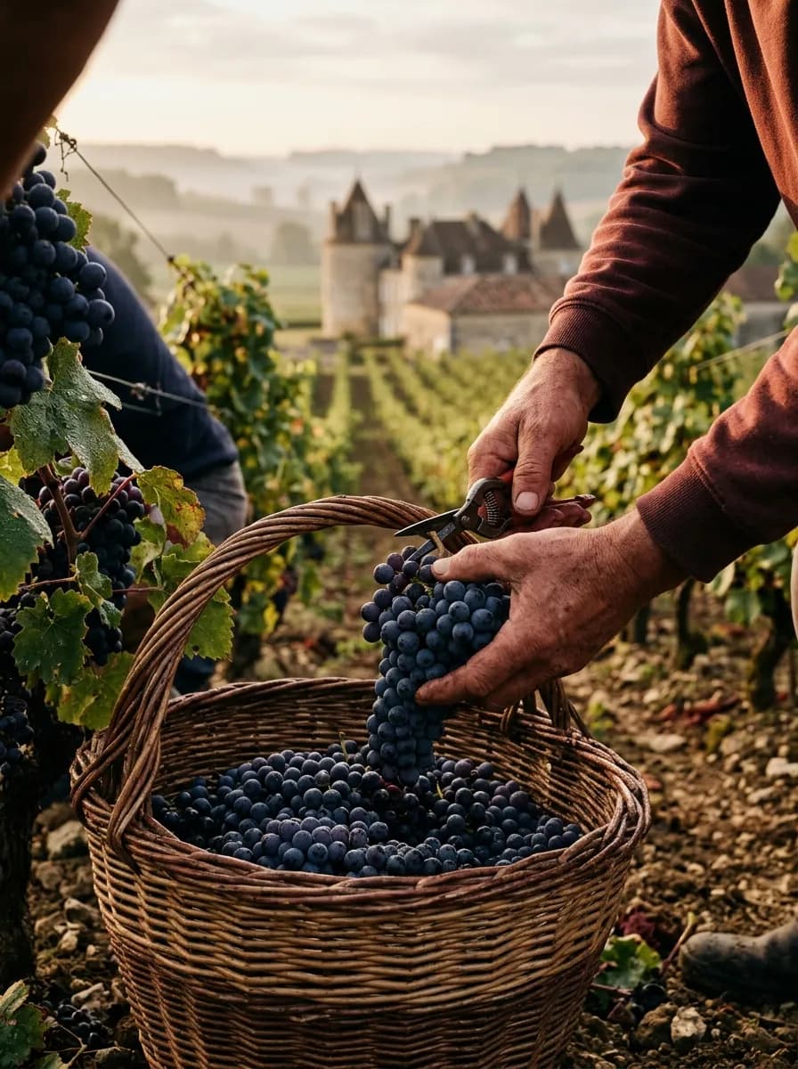 Mains récoltant des raisins à l'aube