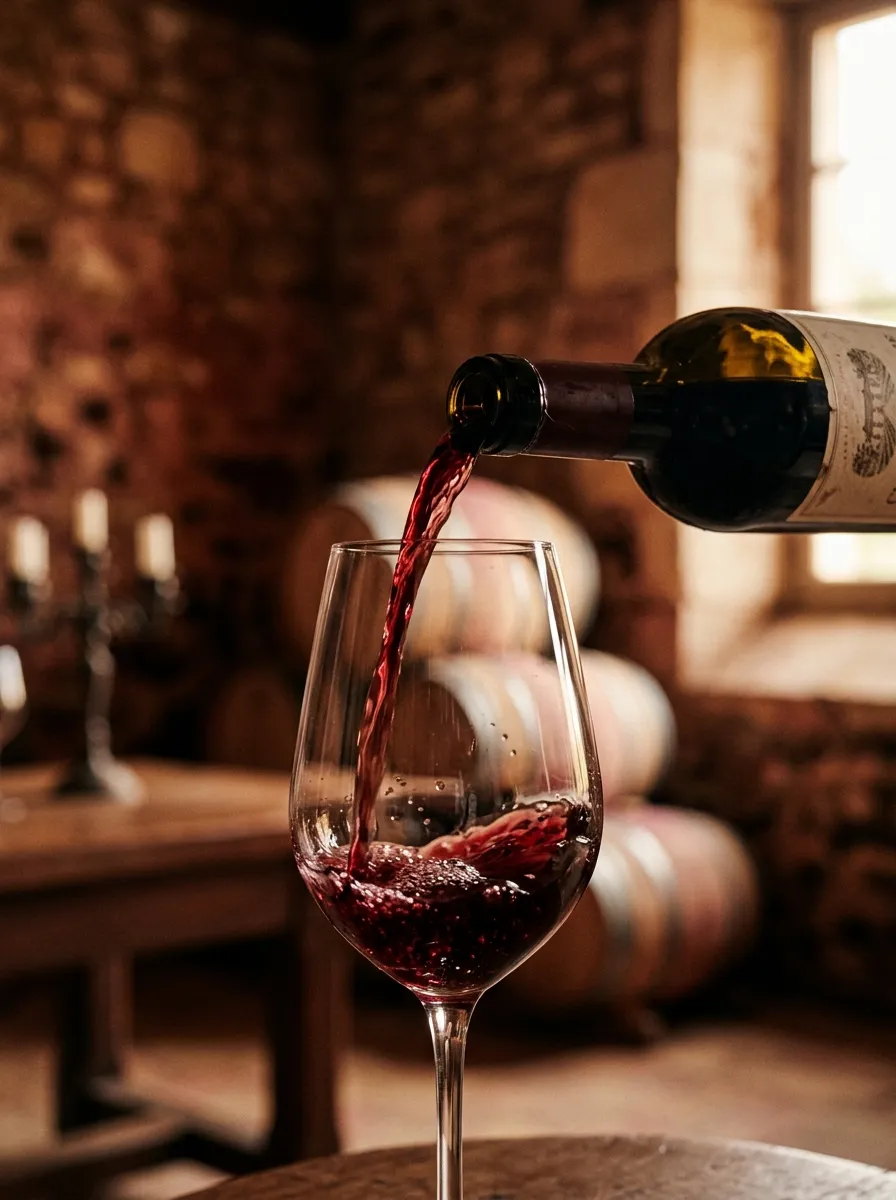 Vin rouge versé dans un verre en cristal