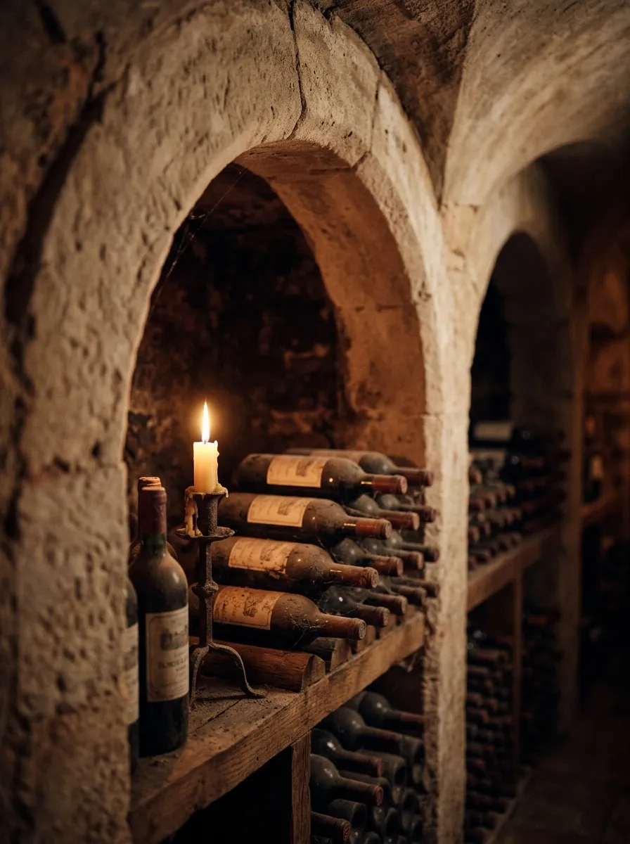 Arche de cave en pierre avec des bouteilles vieillies