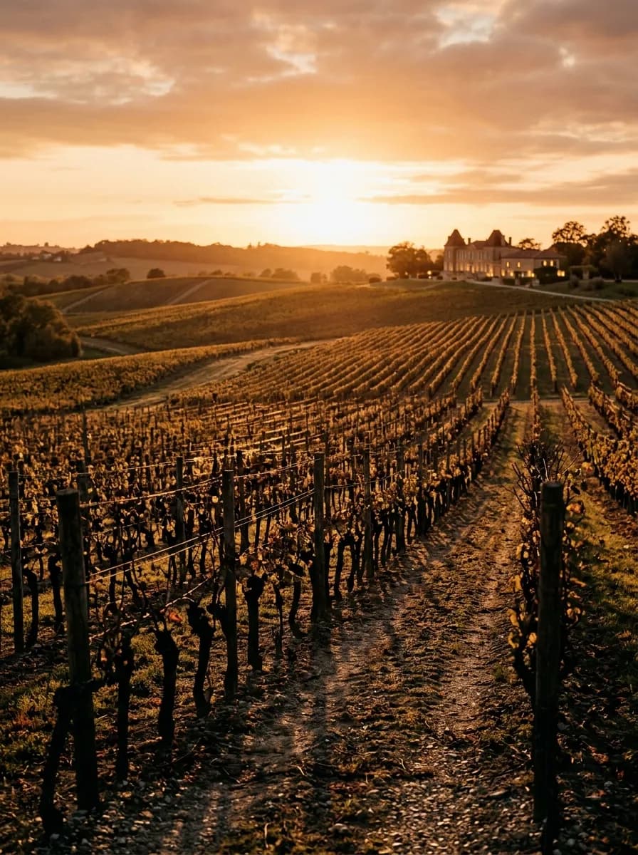 Rangs de vignes au coucher du soleil