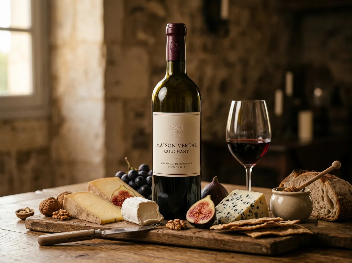 Bouteille de Couchant avec fromage et figues
