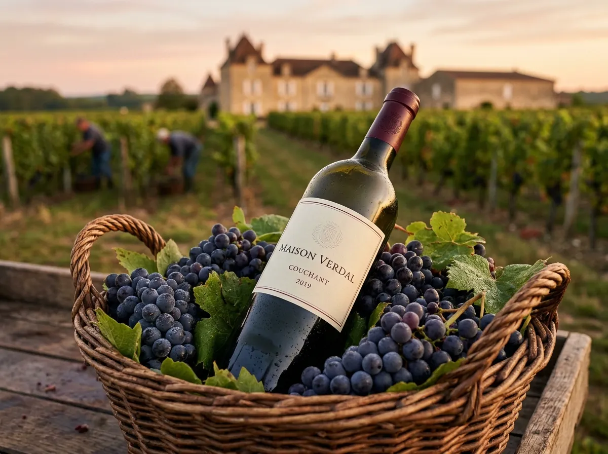 Bouteille de Couchant avec un panier de raisins